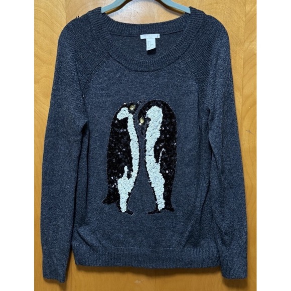 H&M Womens Alpaca Blend Sequin Penguins Sweater Embellished Gray Sz Small - Picture 1 of 8